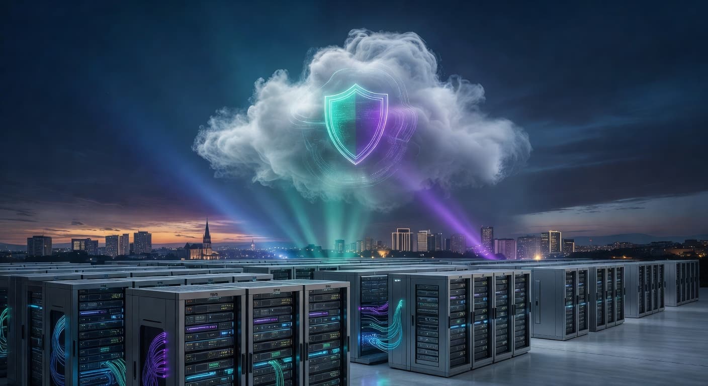 Data center com nuvem protegida por escudo e skyline de Toledo-PR ao fundo